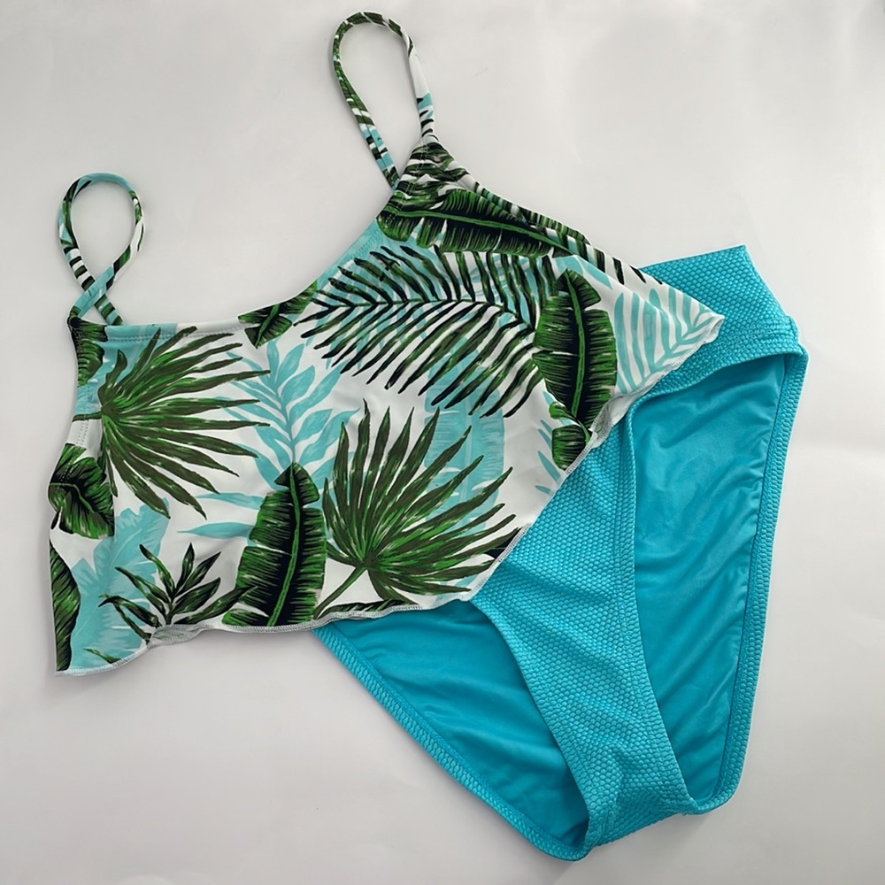 BCBG Paris Women's Palm Print top Size S & midkini aqua bottom Size M